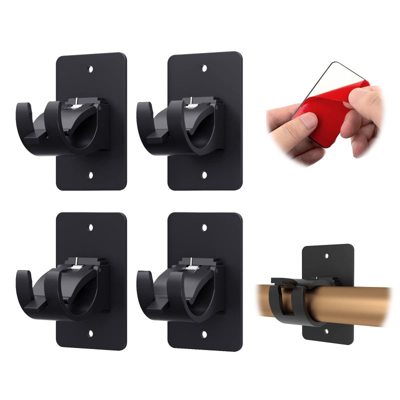 CIEMGNZOC 4 PCS Curtain Rod Bracket Holder  Universal Self Adhesive Wall Mount fits Support Curtain 0.6'' to 1.5'' Curtain Rod  Curtain Rod Hooks for Bathroom Kitchen(Curtain Rod Not Included)(Black) - Image 1